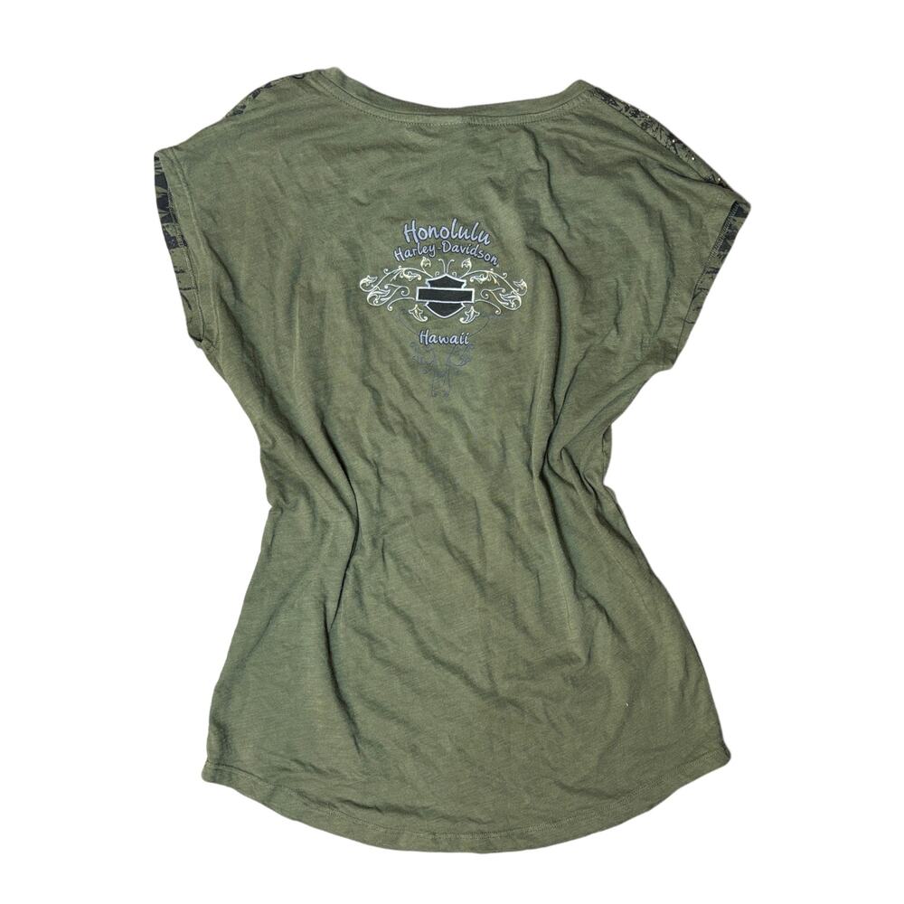 Harley Davidson Womens Shirt Olive Green Rhinestone Studded Wings M - Picture 3 of 7
